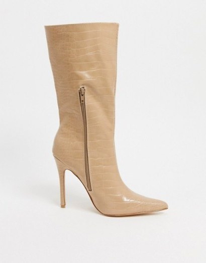 Public Desire Estelle pull on boots in bone croc / neutral stiletto heel boot - flipped