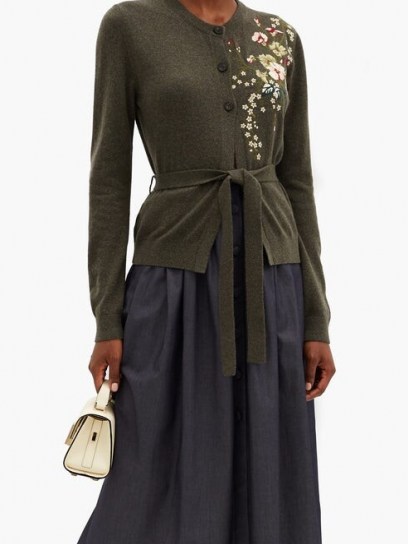 BROCK COLLECTION Ramo floral-embroidered wool-blend cardigan / dark green waist tie cardigans