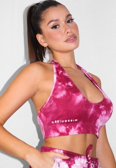 MISSGUIDED raspberry tie dye missguided halter neck crop top / cropped logo tops - flipped