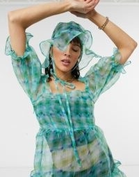 Reclaimed Vintage inspired organza mini smock dress in green check / sheer checked dresses