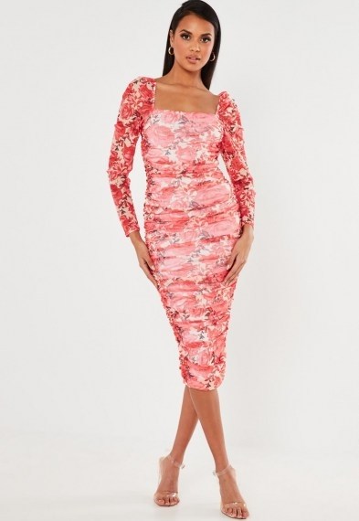 Missguided red floral mesh ruched midi dress ~ feminine bodycon - flipped