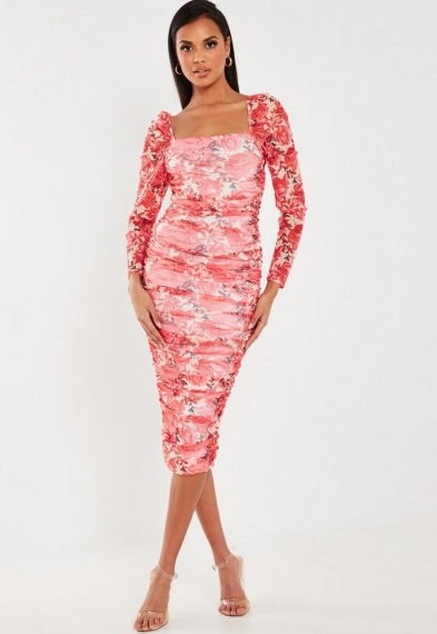 Missguided red floral mesh ruched midi dress ~ feminine bodycon
