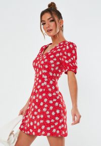 red floral polka dot v neck skater dress
