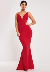 Missguided red pleated bust fishtail maxi dress ~ long length plunging bodycon ~ glamour