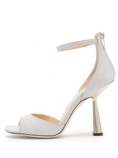 JIMMY CHOO Reon 100 spool-heel glittered leather sandals ~ silver party heels