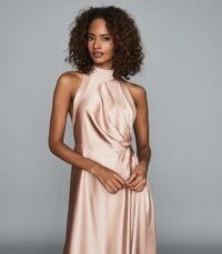 REISS RITA HALTERNECK SATIN MIDI DRESS PINK ~ glamorous event wear ~ fluid fabric dresses