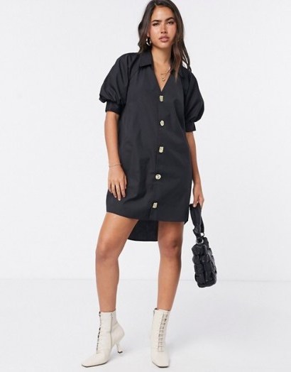 River Island button front puff sleeve mini dress in black | high low shirt dresses - flipped