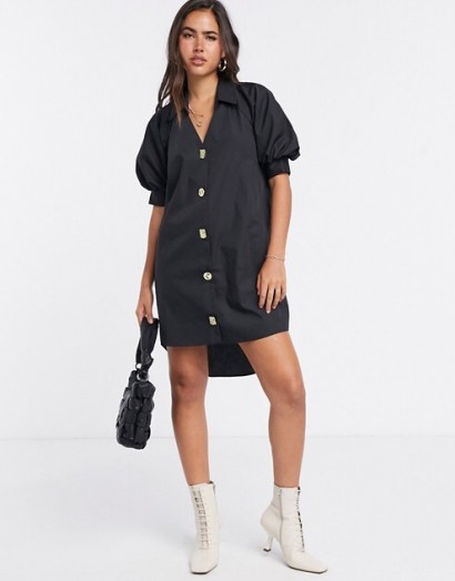 River Island button front puff sleeve mini dress in black | high low shirt dresses