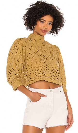 ROLLA’S Stephanie Lace Blouse – Harvest | puff sleeve high neck cut-out top
