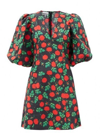 GANNI Rose-print V-neck cotton mini dress ~ oversized puff sleeve dresses - flipped