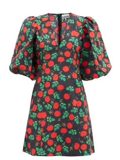 GANNI Rose-print V-neck cotton mini dress ~ oversized puff sleeve dresses