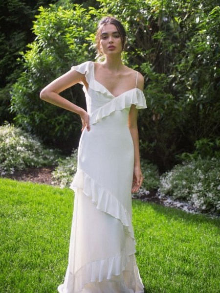 REFORMATION Rosita Dress Ivory ~ asymmetrical ruffles & necklines - flipped