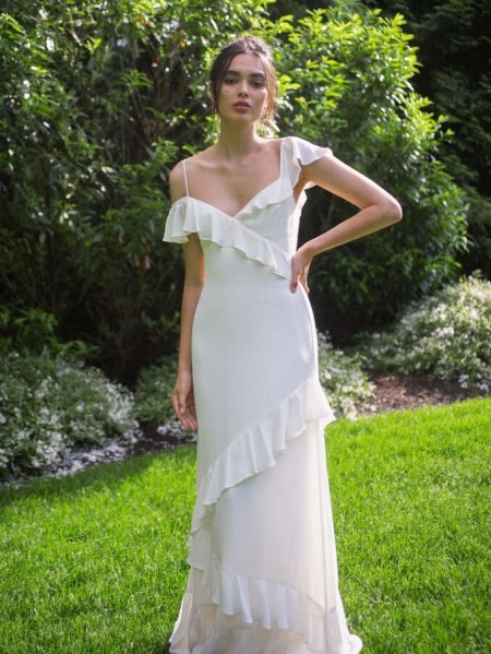 REFORMATION Rosita Dress Ivory ~ asymmetrical ruffles & necklines