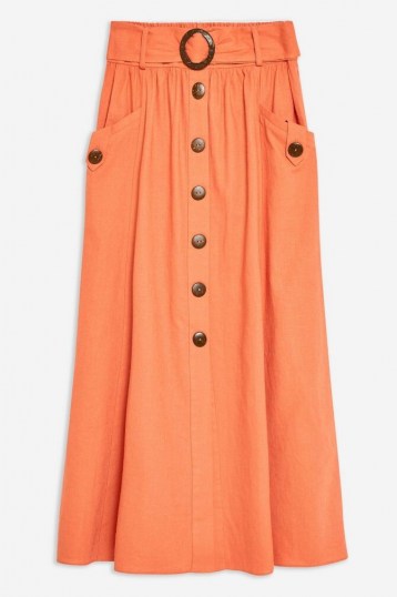 Topshop Rust Linen Blend Belted Midi Skirt