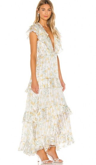 Sabina Musayev Zoya Maxi Dress – White Yellow Ditsy | ruffle trimmed summer dresses - flipped