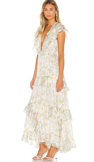 Sabina Musayev Zoya Maxi Dress – White Yellow Ditsy | ruffle trimmed summer dresses