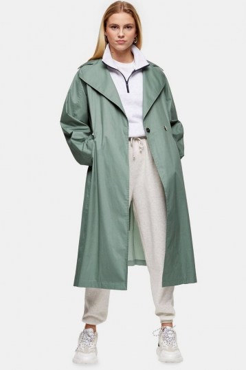 Topshop Sage Pleated Back Trench | green belted coats