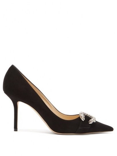 JIMMY CHOO Saresa 85 crystal-embellished suede pumps ~ black point toe stiletto courts - flipped