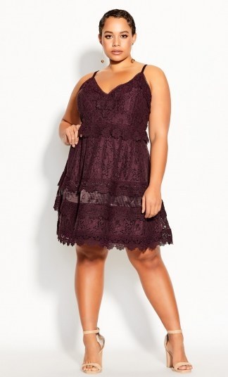Nouveau Lace Dress – plum – The dainty, delicately laced & feminine Nouveau Lace Dress is a destined to be your next wardrobe favorite. With a flattering and timeless fit & flare silhouette, this gorgeous dress is sure to make your curves shine at your next event. - flipped