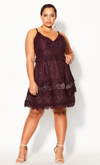 Nouveau Lace Dress – plum – The dainty, delicately laced & feminine Nouveau Lace Dress is a destined to be your next wardrobe favorite. With a flattering and timeless fit & flare silhouette, this gorgeous dress is sure to make your curves shine at your next event.