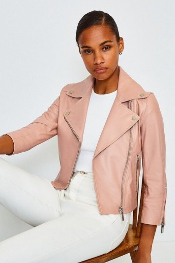 KAREN MILLEN Shrunken Leather Biker Jacket Blush / luxe zip detail jackets