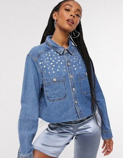 Signature 8 denim shirt with stud detail in mid wash | embellished shirts - flipped