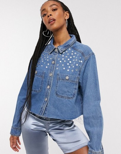 Signature 8 denim shirt with stud detail in mid wash | embellished shirts