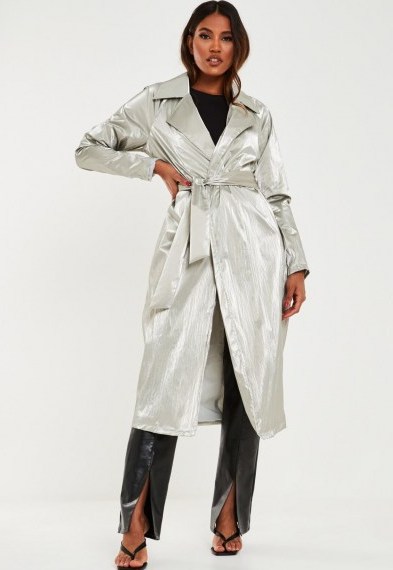 Missguided silver metallic belted trench coat ~ shiny coats - flipped