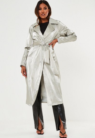 Missguided silver metallic belted trench coat ~ shiny coats