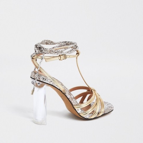 River Island Silver strappy perspex heel sandal | clear heels | metallic going out sandals