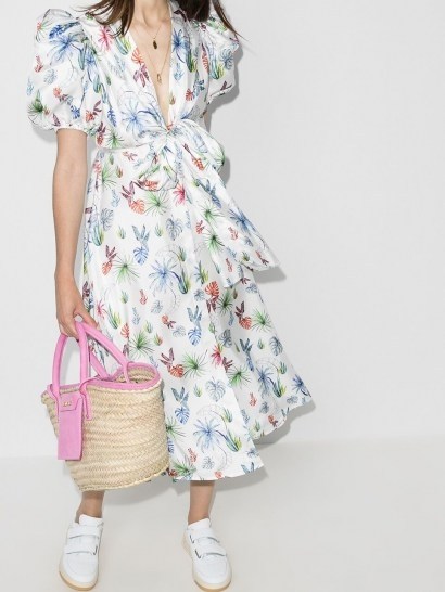 Silvia Tcherassi puff-sleeve floral-print dress ~ deep V-neckline summer dresses - flipped
