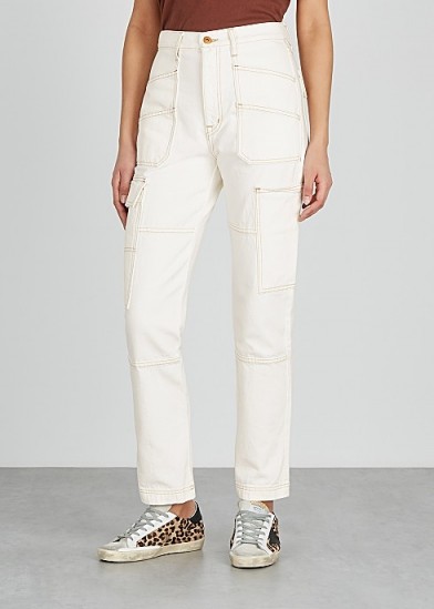Kendall Jenner white side pocket jeans, SLVRLAKE Saviour off-white straight-leg jeans, on Instagram, 29 June 2020 | celebrity street style | models off duty fashion