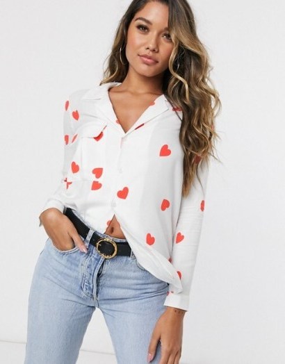 Style Cheat long sleeve shirt in cream heart print - flipped