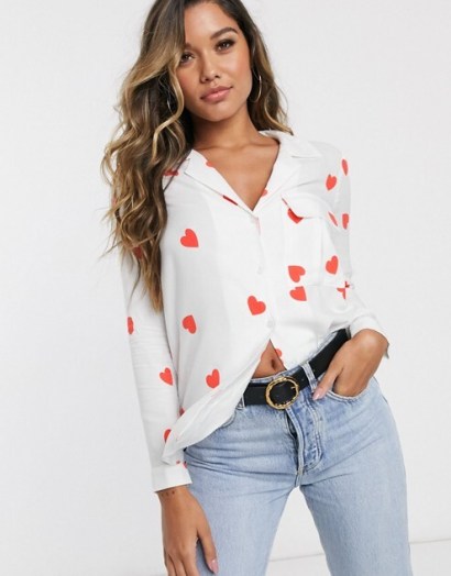 Style Cheat long sleeve shirt in cream heart print