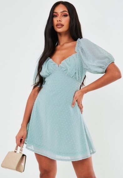 Missguided tall blue puff sleeve dobby mini dress | dresses with ruched detailing - flipped