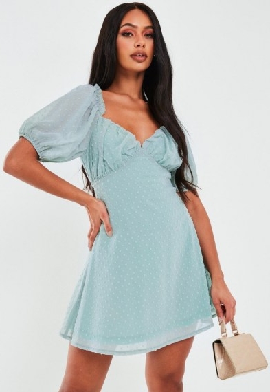 Missguided tall blue puff sleeve dobby mini dress | dresses with ruched detailing