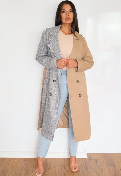 Missguided tall cream spliced check trench coat ~ half and half tie waist coats - flipped