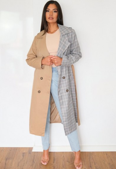 Missguided tall cream spliced check trench coat ~ half and half tie waist coats