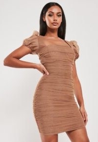 Missguided taupe mesh ruched puff sleeve mini dress ~ gathered bodycon dresses