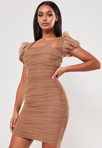 Missguided taupe mesh ruched puff sleeve mini dress ~ gathered bodycon dresses - flipped
