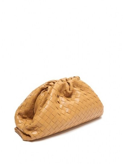 BOTTEGA VENETA The Pouch Intrecciato leather clutch ~ tan woven handbags - flipped