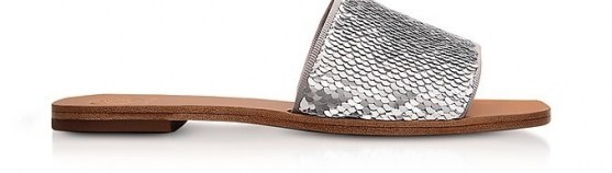 TORY BURCH Carter Silver and White Glitter & Leather Slides | luxe metallic slide - flipped