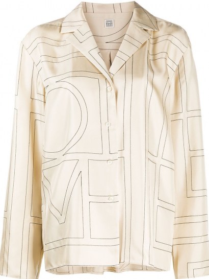 Hailey Bieber cream silk printed shirt, worn for Instagram, 29 July 2020, Totême Sanville monogram-print blouse | celebrity social media fashion | models off duty style