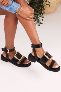 THE FASHION BIBLE TRIUMPH BLACK NAPPA TWO PART SANDAL WITH GIANT BUCKLE DETAIL / thick strap sandals