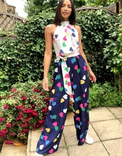 Twisted Wunder Tall exclusive wide leg jumpsuit in contrast heart print ~ multicoloured hearts - flipped
