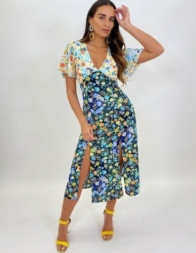 FOREVER UNIQUE Two Tone Floral Tea Dress With Double Split / front slit dresses / floaty angel sleeves - flipped