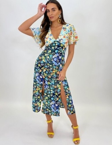FOREVER UNIQUE Two Tone Floral Tea Dress With Double Split / front slit dresses / floaty angel sleeves
