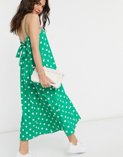Vero Moda midi dress with tie back in green and white spot