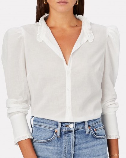 VERONICA BEARD Holli Cotton Button-Down Shirt | white ruffle trimmed feminine look shirts - flipped