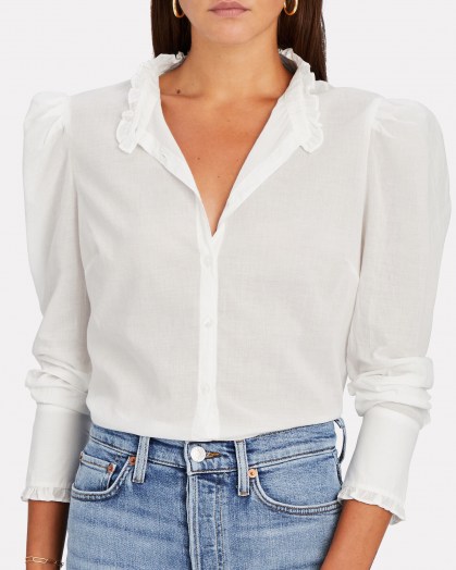 VERONICA BEARD Holli Cotton Button-Down Shirt | white ruffle trimmed feminine look shirts
